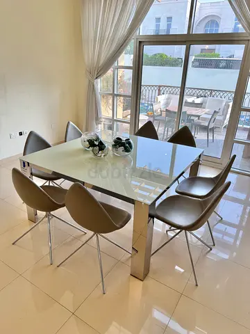 x8 set BOCONCEPT Ottawa leather chairs with square dining table glass top and chrome base 148x148 cm