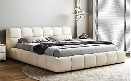 Modern Low-Profile Upholstered King Bed with Padded Headboard - Cream