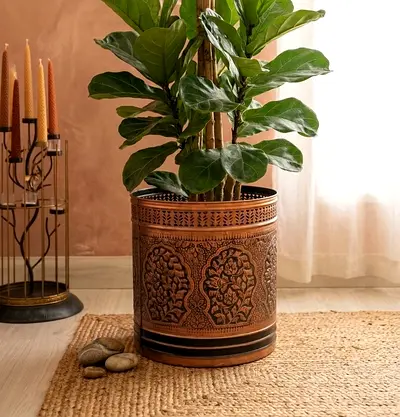 Decorative embossed metal planter pot - large indoor plant pot