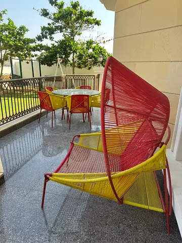 x7 ROCHE BOBOIS Traveler Outdoor garden x5 armchairs, dining table, armchair with hood, and cushions