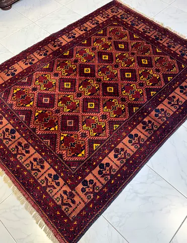 Handwoven Wool Rug -1.50 by 2.00 Deep Reds & Geometric Pattern excellent condition