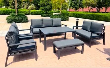 Outdoor 9-seater Dark Grey Aluminum Patio Sofa Set with Big Table