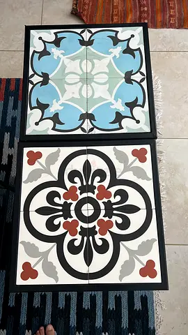 Set of 2 Decorative Tile Wall Art Tables - Blue & Black Floral Motifs - indoor outdoor - coffee