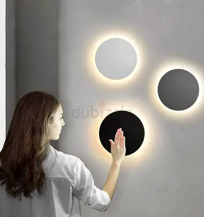 Set of 3 Modern Circular LED Wall Lamps with Backlight blk gold and White body Led only WROM