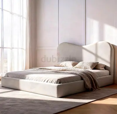 Modern Upholstered King Bed with Curved Headboard - Beige including Mattress