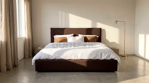 Comfortable Upholstered Bed – Thick Cushioned Headboard – Soft Beige Fabric