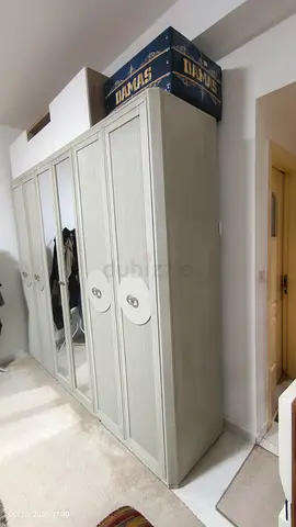 Large 6-Door Wardrobe / Armoire in Light Grey with Mirrors