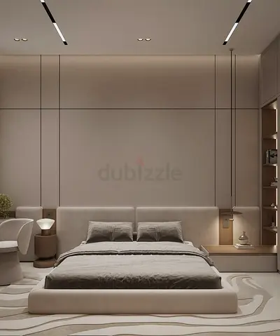 Low platform king bed with upholstered headboard - modern beige