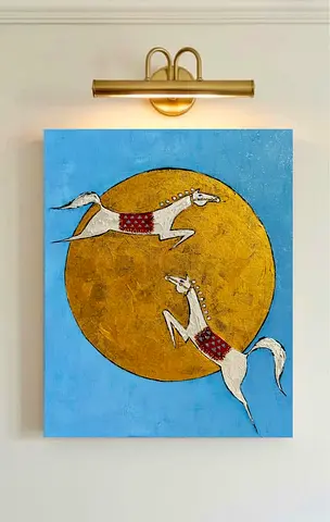 Original Hand-Painted Artwork of Two Horses with Gold Moon on Blue Background