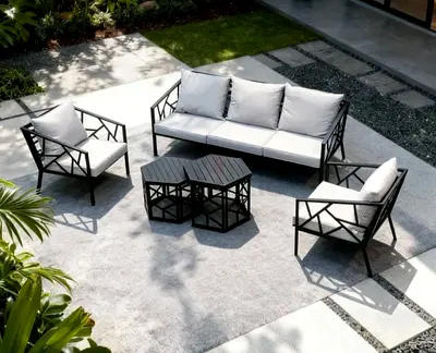 High Quality Black Metal Outdoor Garden Sofa Set with Two Tables