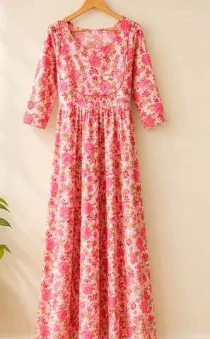 Pink floral long dress, lightweight cotton long dresses never worn