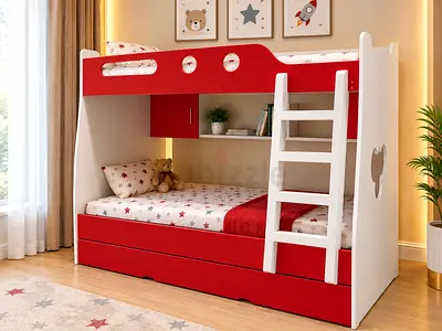 Red and White Wooden Bunk Bed for Kids with Ladder and Storage