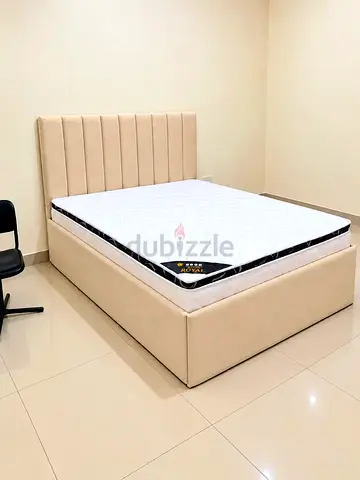 Beige Upholstered queen Bed with spring mattress comfortable