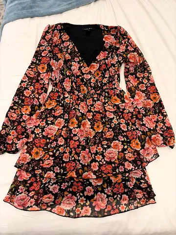 Black floral long-sleeve dress, size xs (flowy, lightweight)