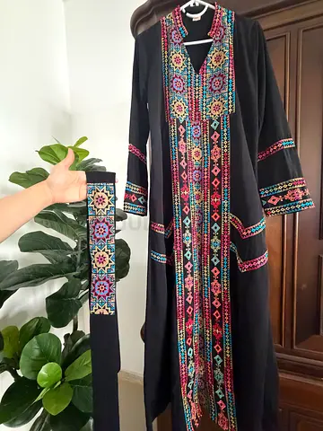 Black embroidered long abaya/kaftan with colorful geometric trim