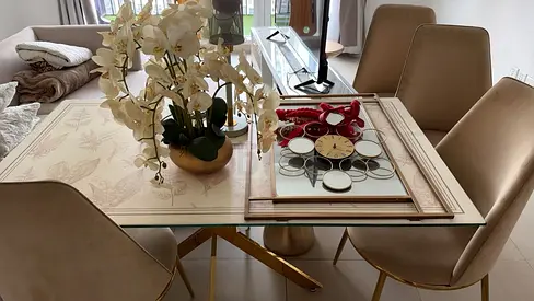 Glass top dining table with 4 beige chairs - modern set