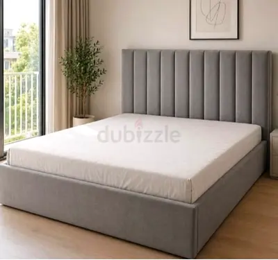 Gray Upholstered Platform Bed with Padded Vertical-Panel Headboard - Queen/Double