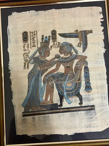 Framed Egyptian Papyrus Painting of Pharaoh and Queen (Blue & Gold Accents)