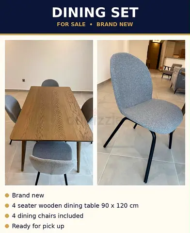 Brand New 4-Seater Wooden Dining Table with Upholstered Chairs