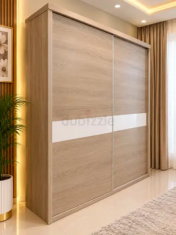 Light Oak Sliding Door Wardrobe with White Accent - Good Condition