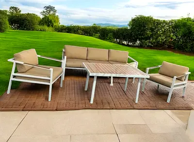 Stunning 5 Seater White Aluminium Garden Outdoor Sofa with Beige Cushions