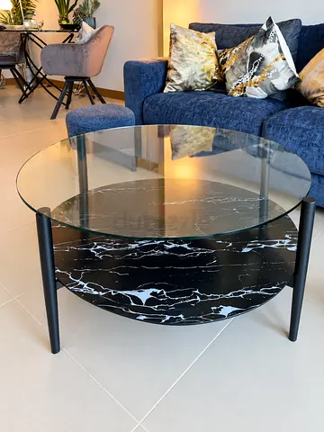 Round Glass Top Coffee Table with Black Marble Shelf