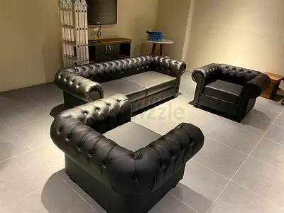 Black Chesterfield 3-Seater Sofa with Matching Armchairs -