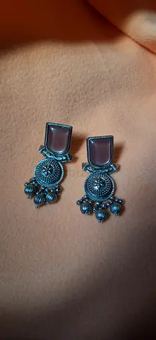 Pair of vintage-style silver- black tone dangling earrings with bead accents
