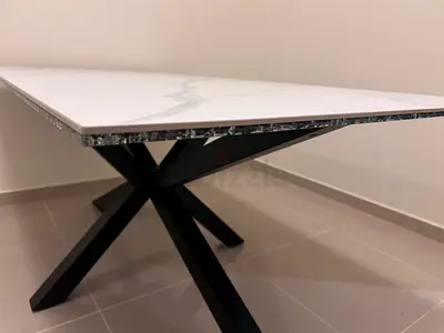 Modern rectangular dining table with marble-look top and black X-legs 180x200cm