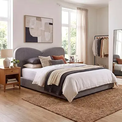 Grey upholstered king size 180×200 double bed with curved headboard - with Mattress