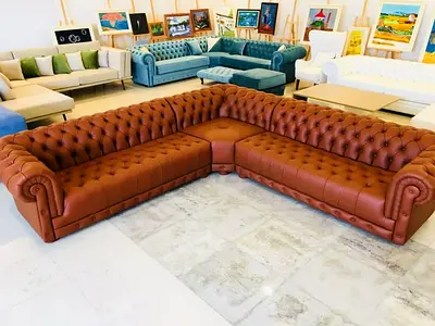 Large L-shaped Chesterfield Leather Sofa – Brown,