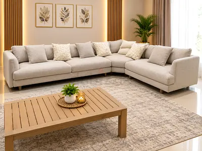 Light grey L-shaped fabric sofa with cushions - good condition