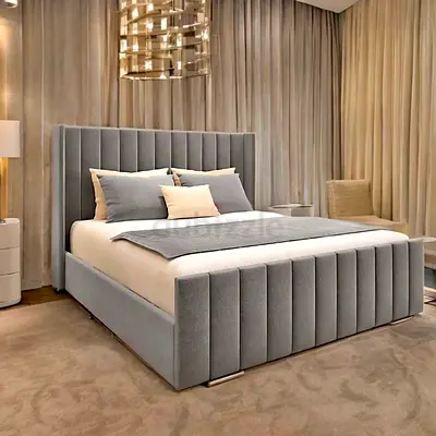 Modern upholstered queen bed with vertical channel headboard (grey)