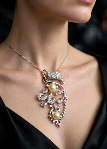 18K White Gold Pearl & Diamond Designer Pendant - Luxury - 12000 AED