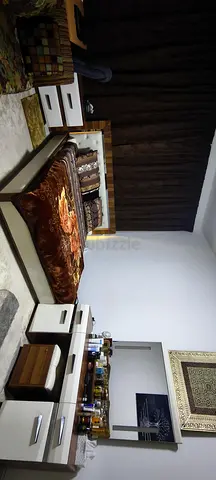 Modern king  bed with matching bedside tables and dresser - good condition