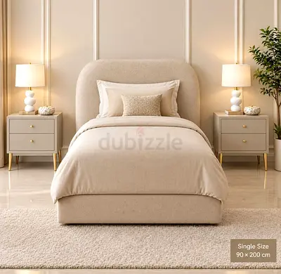 Single Bed Frame with Upholstered Headboard - Beige, 90 x 200 cm and Mattress