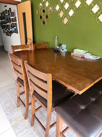 Home centre solid Wood high Dining Table with 4 Chairs and high bench - Good Condition