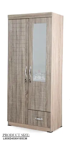 2-door Wooden Wardrobe with Mirror and Drawer - Light Oak, 80x45x185cm