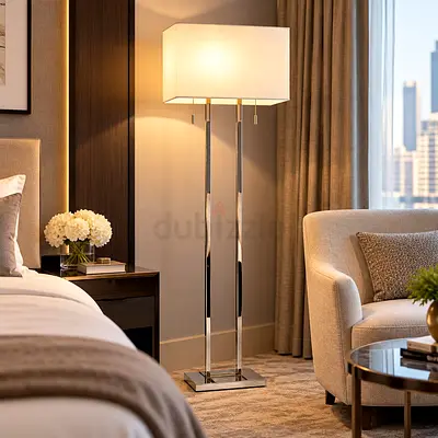Modern rectangular floor lamp with chrome base and dual pull chains
