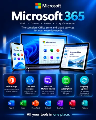 Microsoft Office 365 1-Year License (1TB OneDrive) Mac/Windows/Android