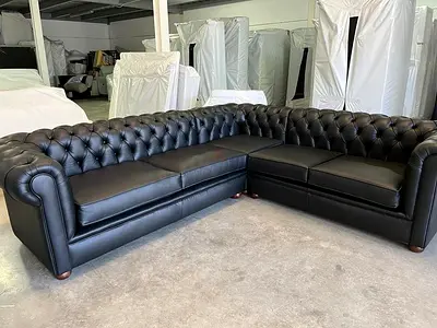 Large Black Leather Chesterfield Corner Sofa -