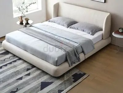 Wingback headboard beige low profile king bed