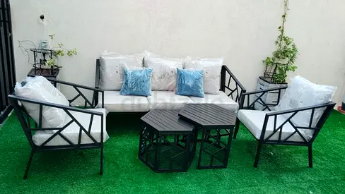 Stylish Black Metal Garden Outdoor Sofa Set with two matching tables