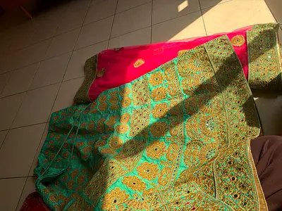 Embroidered Green and Pink Lehenga/Sari (Traditional Indian Outfit) - Good Condition
