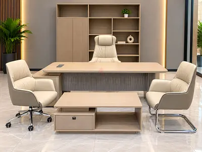 Modern Grey Executive Office Furniture Set – 200cm Manager Desk with Chairs, Coffee Table & Storage