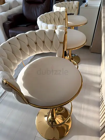 Set of 3 Gold & Off-White Bar Stools with Padded Backs