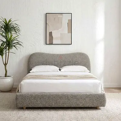 Queen upholstered fabric bed with curved headboard - light grey