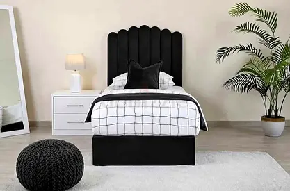 Single black velvet scalloped headboard bed with including mattrssd