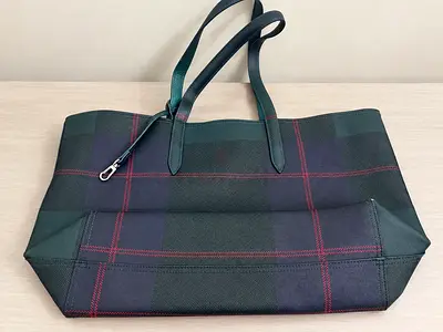 Large green and navy Lacoste check canvas tote bag with double shoulder straps