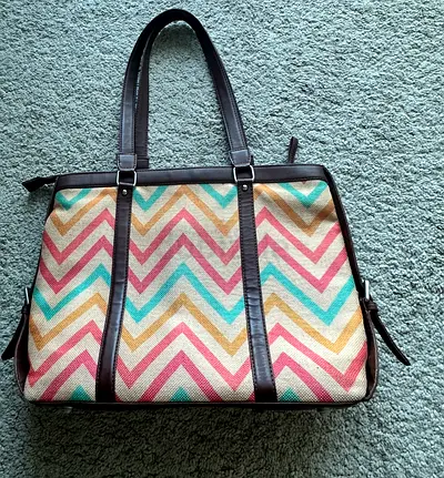 Canvas Chevron Pattern Shoulder Bag with Brown Trim - laptop bag